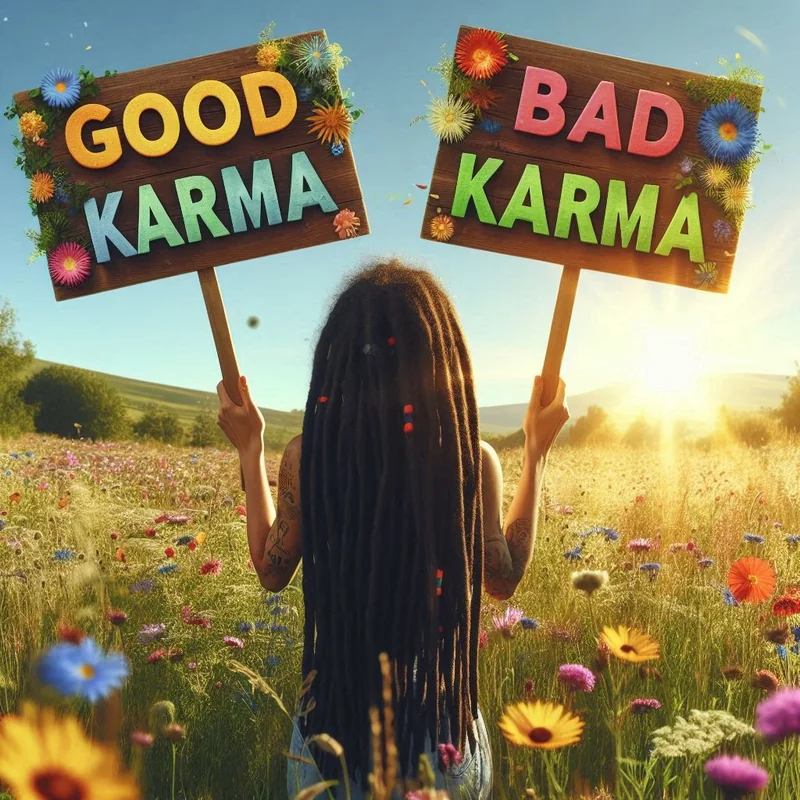 Kind mit Good Karma und Bad Karma Schildern